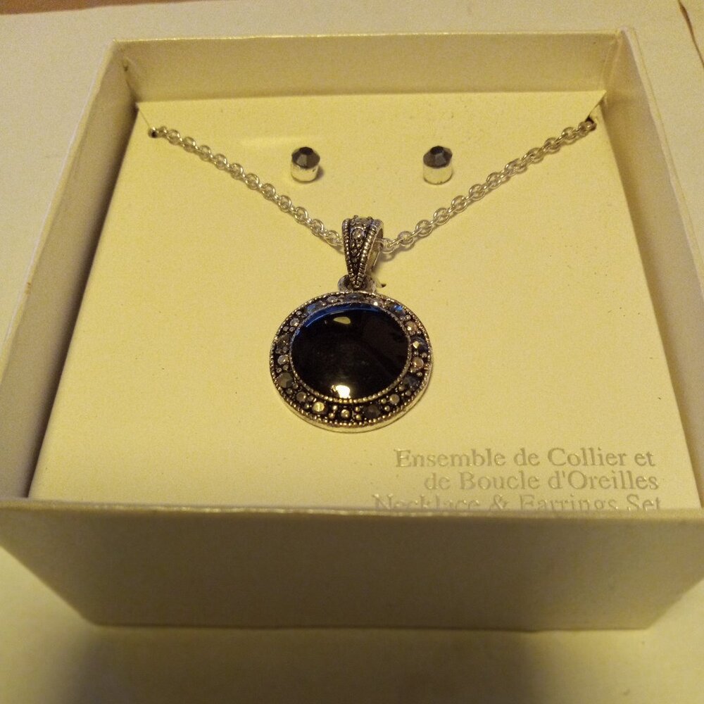 Vintage Modernist Silver Black Onyx Necklace Set